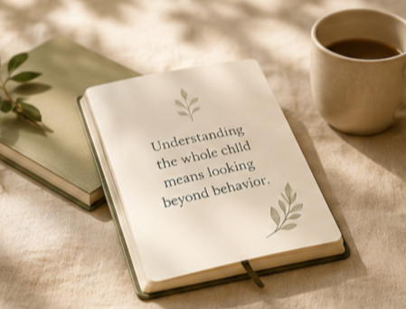 Open book with quote about understanding children, next to a cup of coffee on a beige surface.