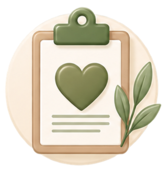 Clipboard with a large heart symbol and some leaves.