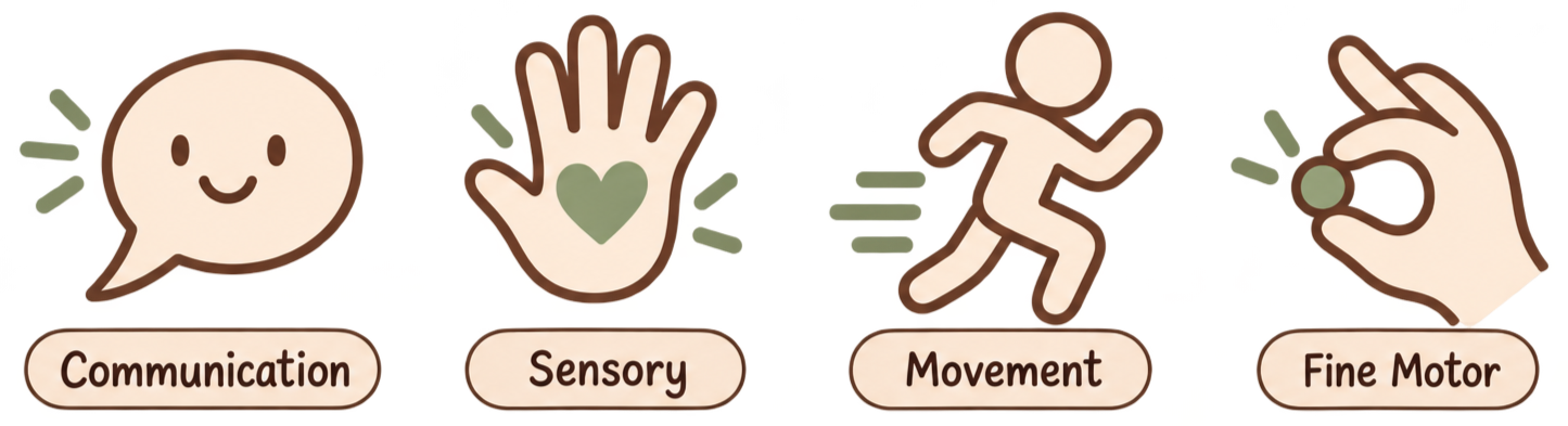 Illustration of four icons representing developmental skills: a speech bubble with a smiley face for communication, a hand with a green heart for sensory, a running figure for movement, and a hand holding a coin for fine motor, each with labels underneath.