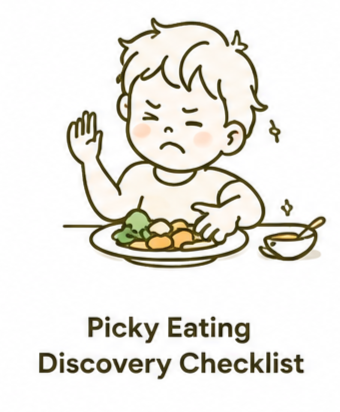 A cartoon of a child with a frowning face, raising one hand, sitting at a table with a plate of food and a small bowl, under the text 'Picky Eating Discovery Checklist'.