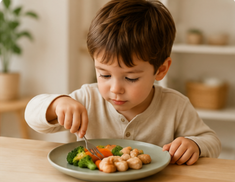 Young boy eating broccoli and chicken on a plate