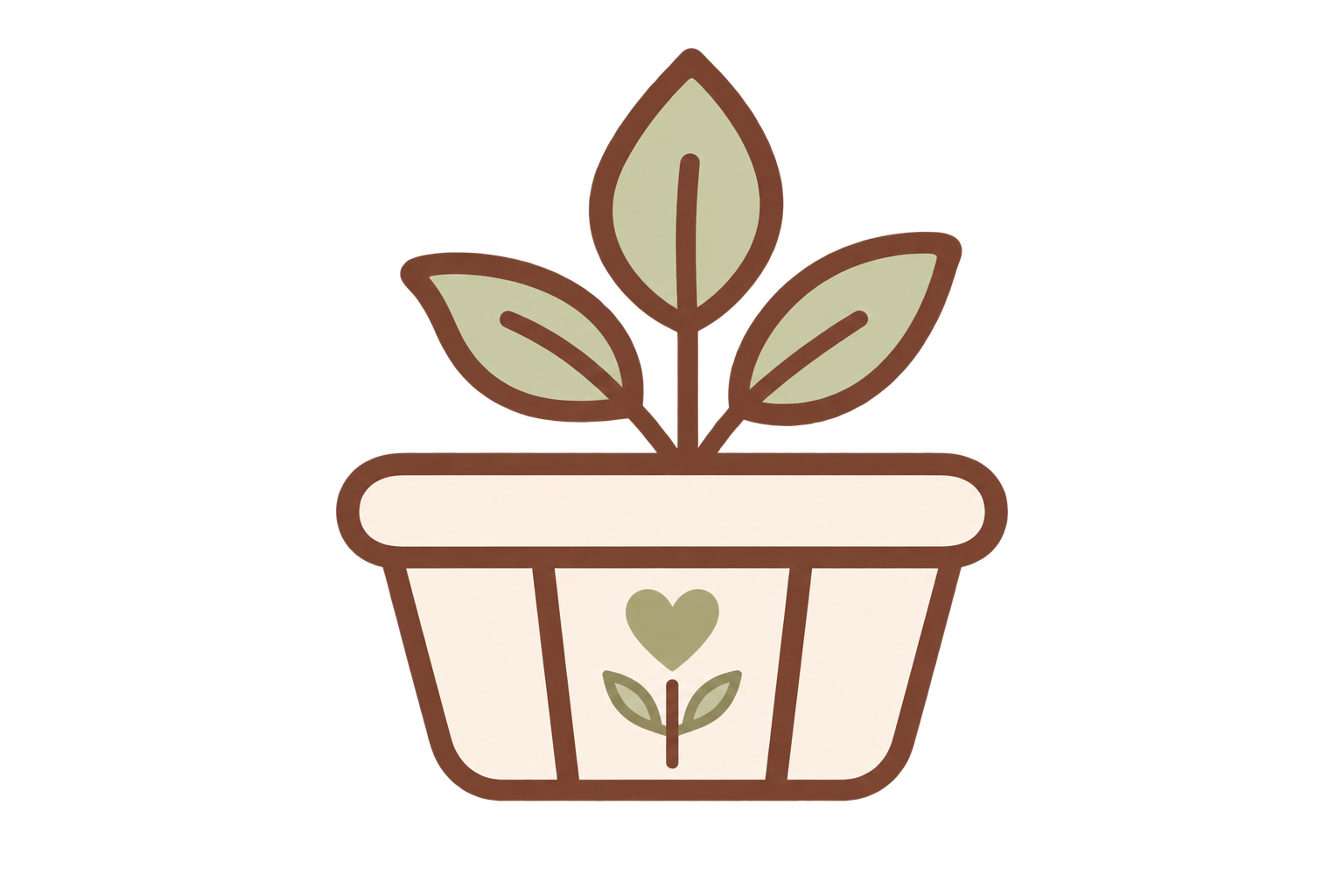 A digital illustration of a plant in a pot with three leaves, a heart symbol, and two smaller leaves at the bottom of the plant, all outlined in brown and filled with beige, light green, and dark green colors.