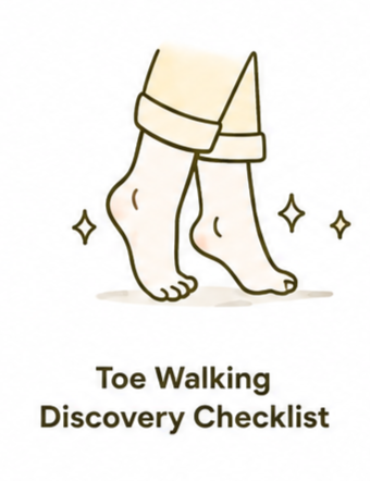 Illustration of a person's feet performing toe walking, with sparkling effects around the feet, and text reading 'Toe Walking Discovery Checklist'.