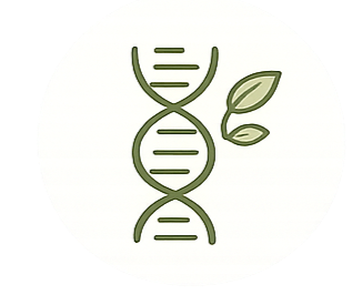 Illustration of a DNA double helix with two leaves on the right side.