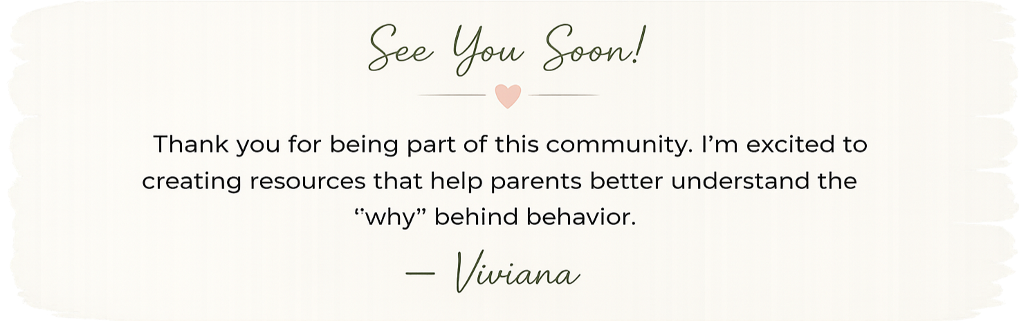 A message card with the text 'See You Soon!' at the top, a heart symbol below, and a thank you note from Viviana expressing excitement about creating resources for parents.