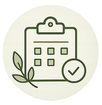 Icon of a clipboard with a calendar, checkmark, and leaves.