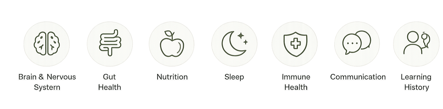 Icons representing health areas: brain and nervous system, gut health, nutrition, sleep, immune health, communication, and learning history.