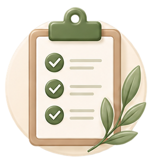 Clipboard with checkmarks and green leaves.