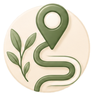 Map pin icon on a winding path with green leaves