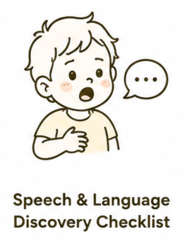 A cartoon child with an open mouth, hand on chest, and a speech bubble, referencing speech and language discovery.