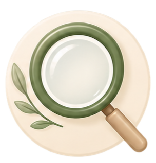 A white dinner plate with a green-bordered smaller plate on top, decorated with a branch of leaves, and a magnifying glass with a wooden handle overlaying the smaller plate.