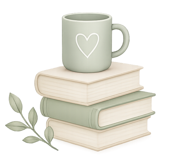 A light green mug with a white heart outline design on it, placed on top of three stacked books in pastel shades, with a sprig of green leaves next to the books.