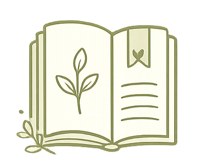 A line drawing of an open book with a plant symbol on the left page and a bookmark and lines representing text on the right page.