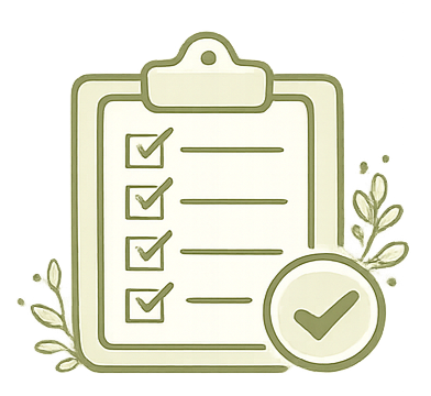 Illustration of a checklist with four checked items on a clipboard, surrounded by decorative leaves, and a large checkmark icon.
