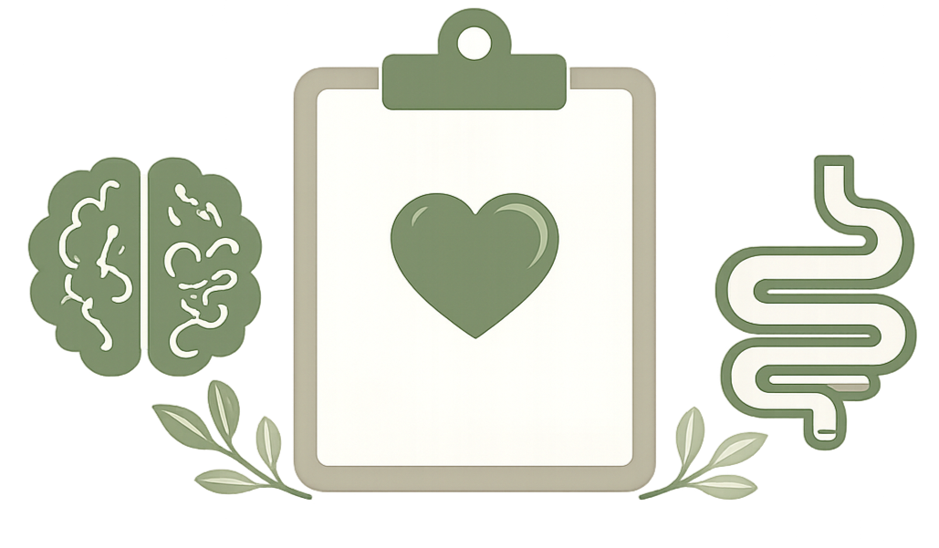 A clipboard with a heart icon, a brain on the left, and a digestive system on the right, surrounded by leaves, representing health, mental wellness, and gut health.