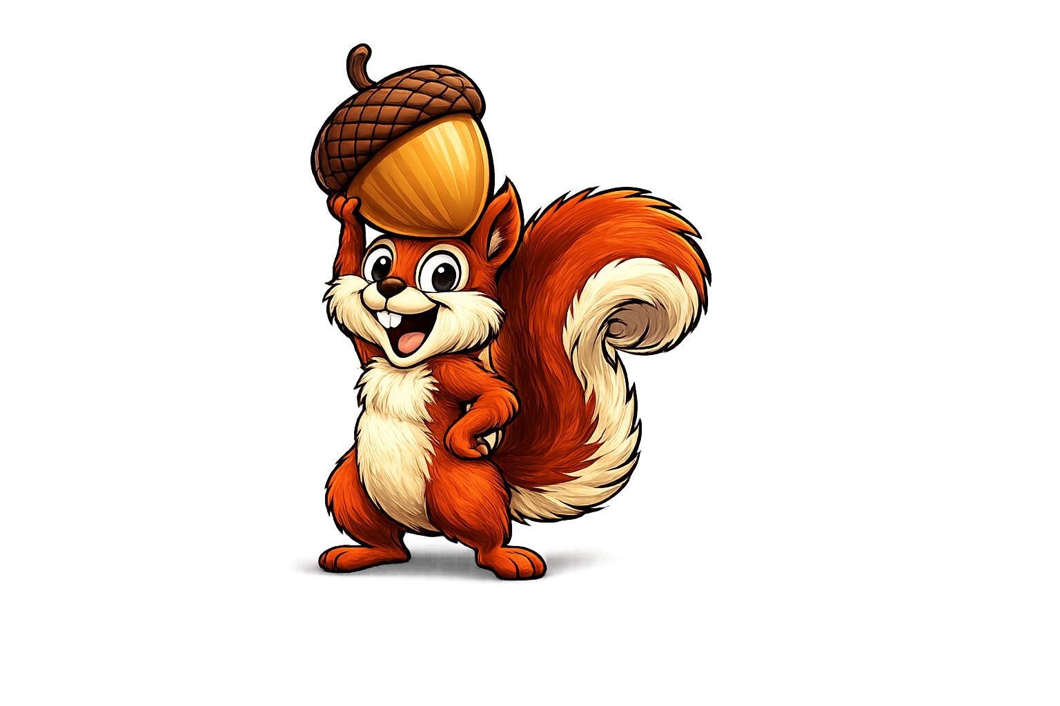 Cartoon squirrel holding an acorn, standing on two legs, with big eyes and smiling, surrounded by colorful abstract background.