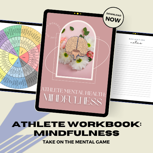 An athlete workbook titled "Mindfulness" features a pink cover with an illustration of a brain surrounded by flowers. The cover includes a download button labeled "Download Now." Inside the workbook, there are reflection notes and a circular chart on the left side, and a lined page titled "Reflection Notes" on the right side.