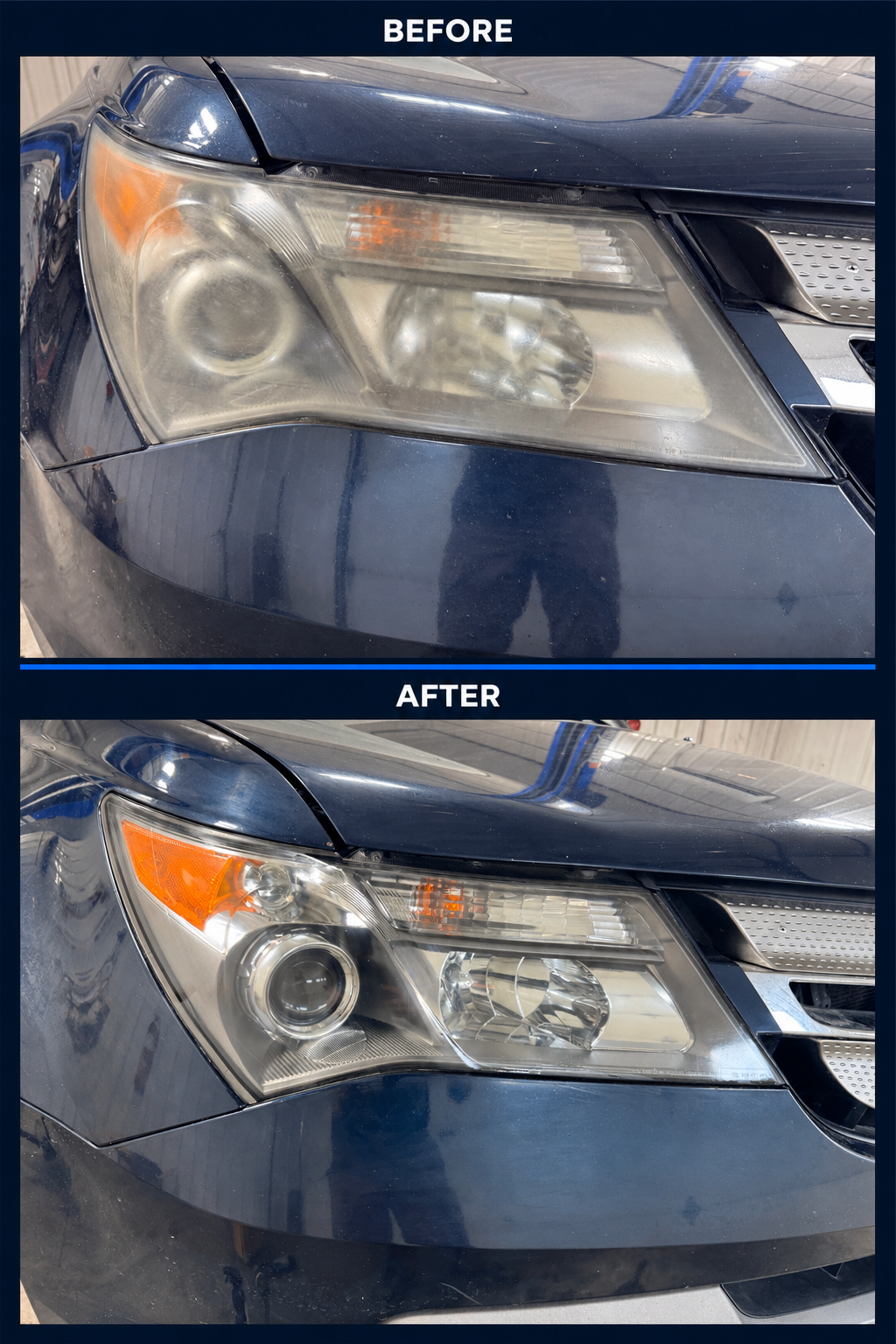 Before and after exterior headlight restoration on the same Acura: cloudy lens above and clearer restored lens below.
