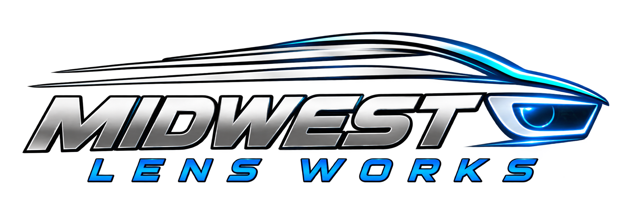 Midwest Lens Works logo with silver car silhouette and electric-blue headlight.