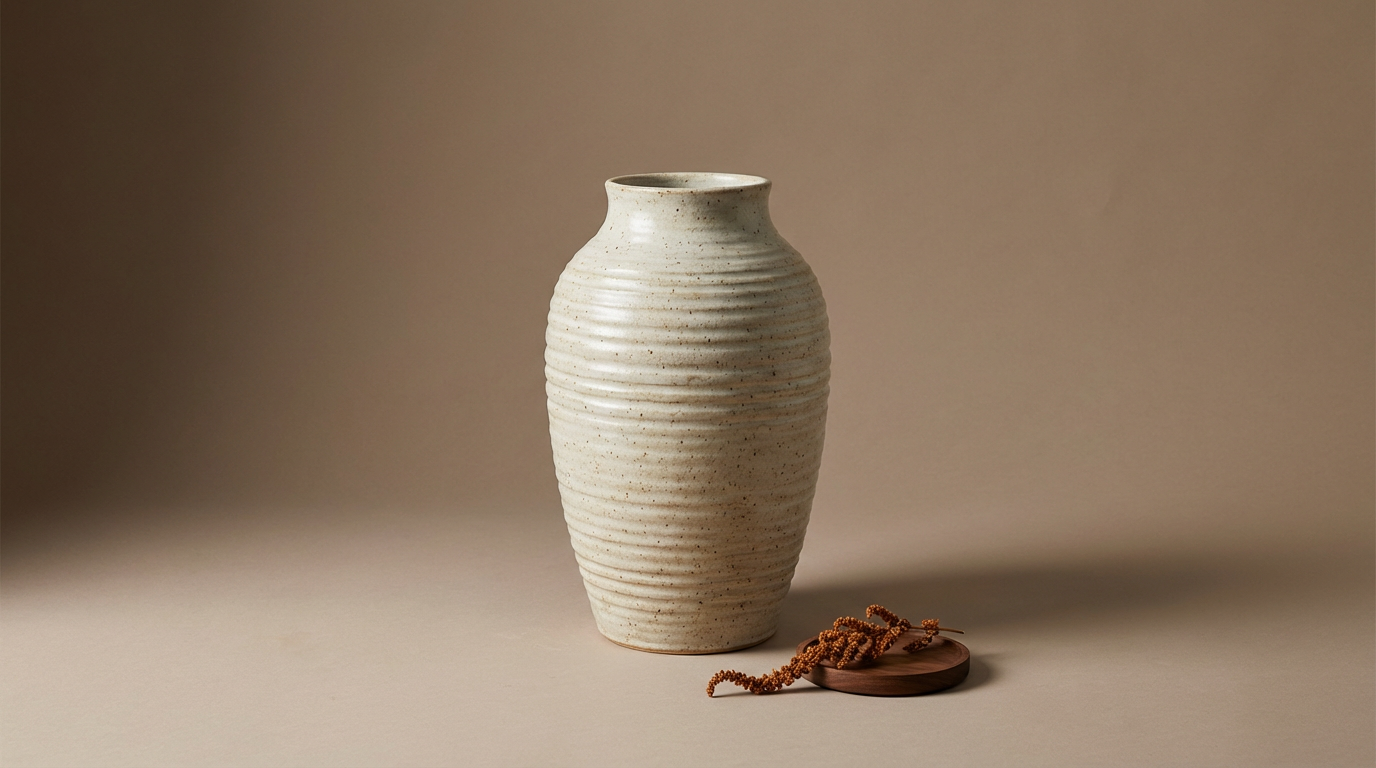 A tall beige ceramic vase with ridges, next to a small round wooden dish and a cluster of brown dried plant stems on a beige surface against a neutral background.