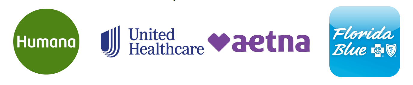 Logos of Humana, United Healthcare, Aetna, and Florida Blue displayed in a row.