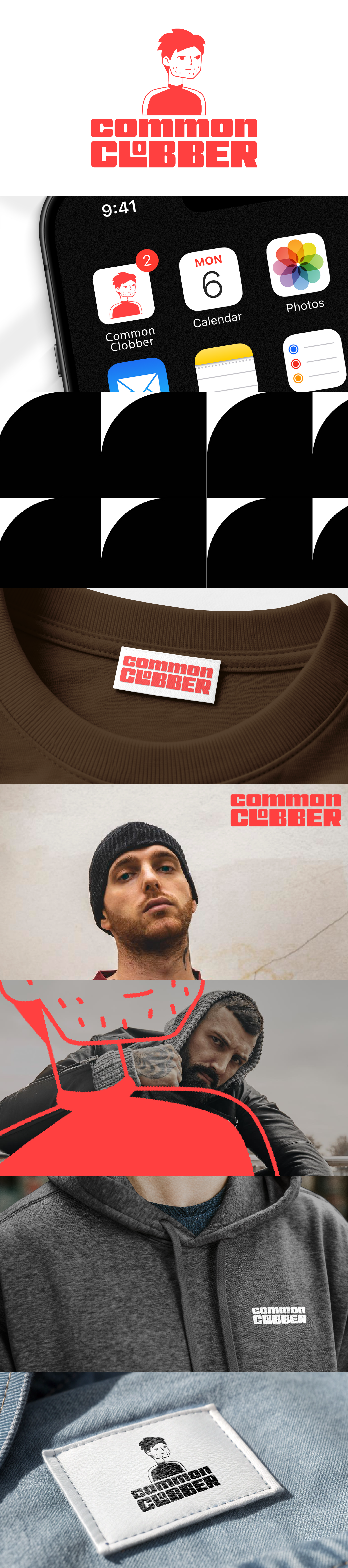Image promoting Common Clobber clothing brand, showing a variety of items including an app icon, a brown hoodie with a "Common Clobber" label, two men wearing hoodies with the brand logo, and clothing tags featuring the "Common Clobber" logo.
