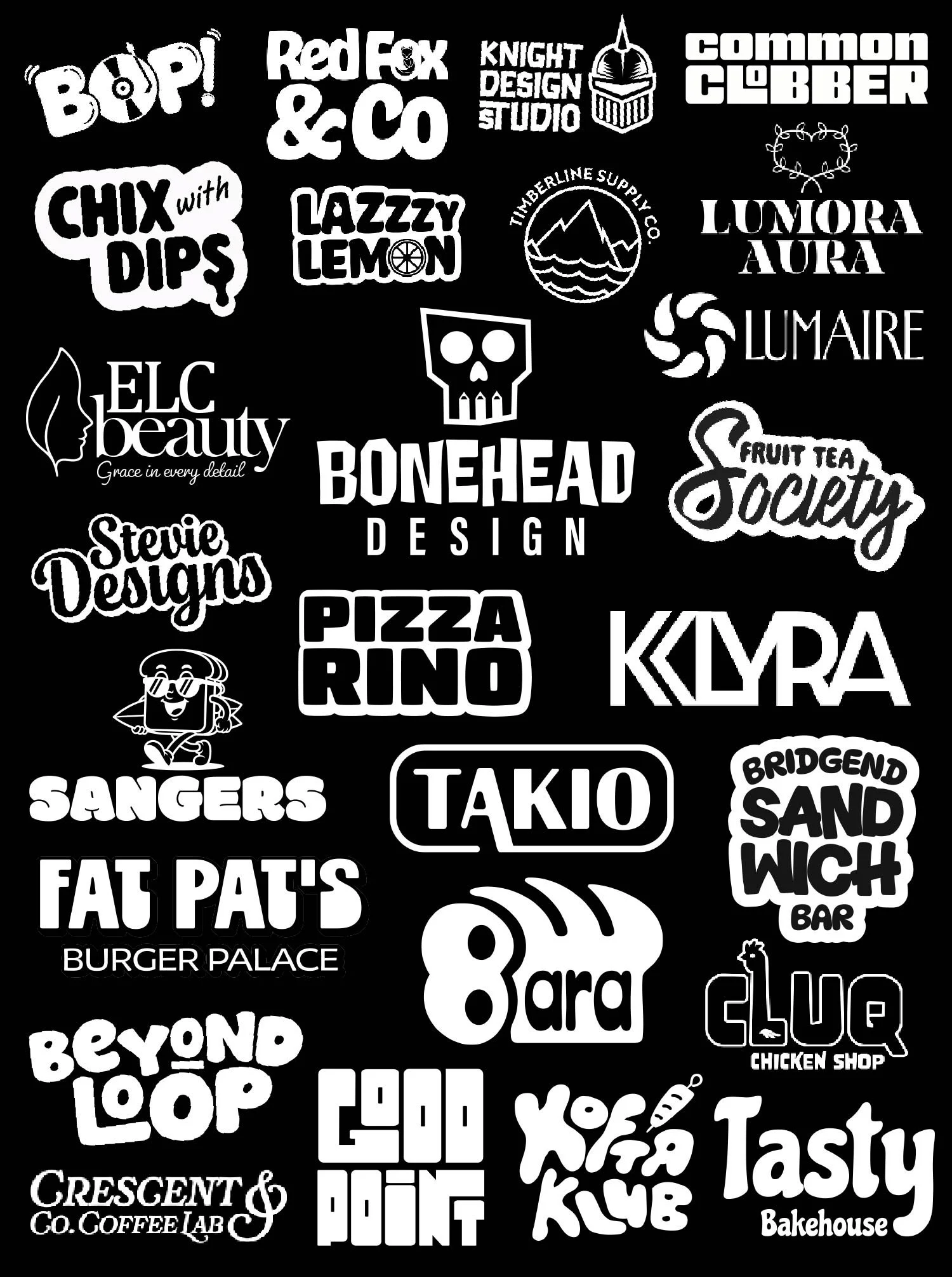 Collection of custom logo designs created by Stevie of Bonehead Design, showcasing unique brand identities for different businesses.