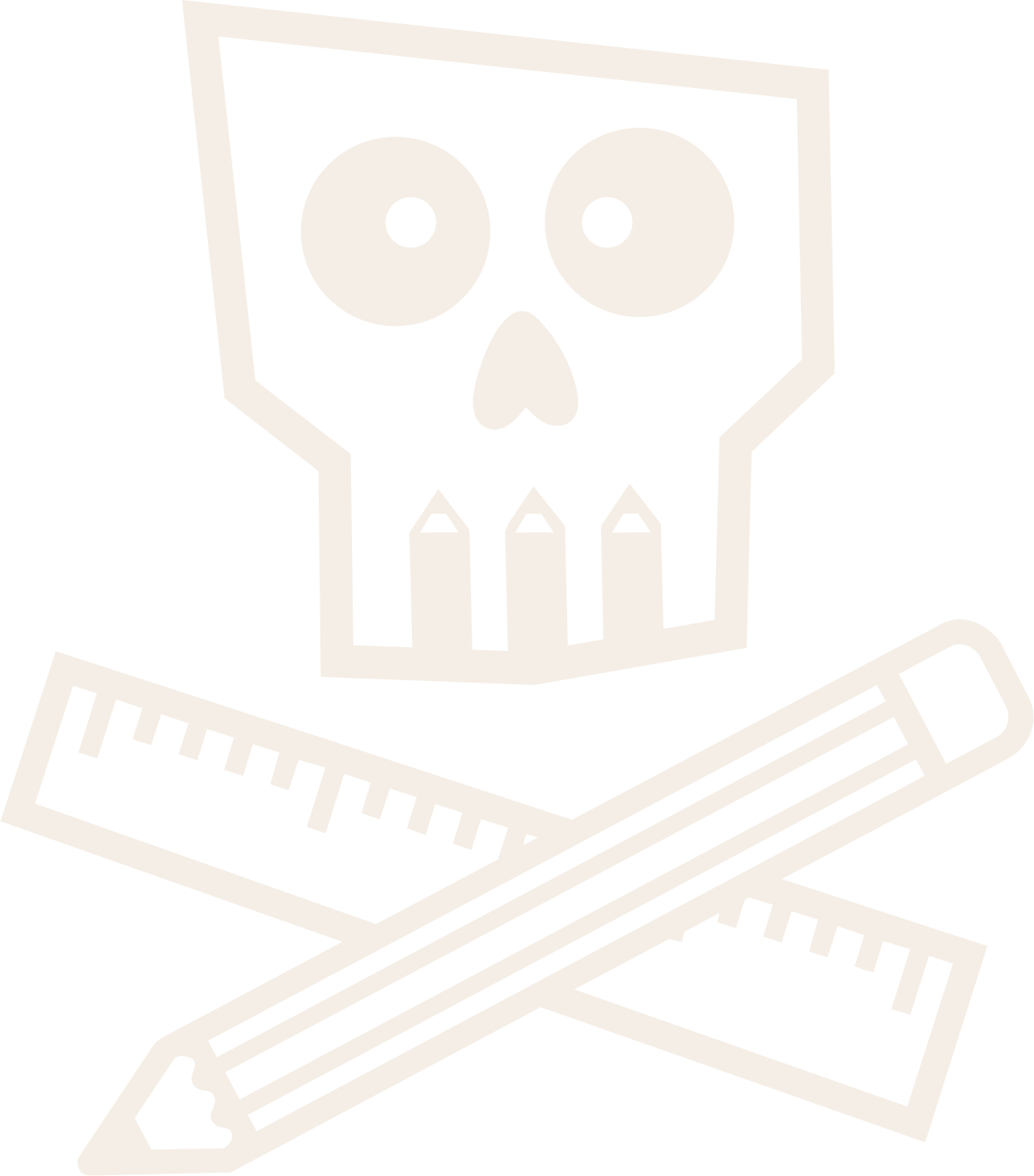 Black and white illustration of a skull with large eye sockets, a small nose, and a row of pencils below it, along with a ruler and a pencil.