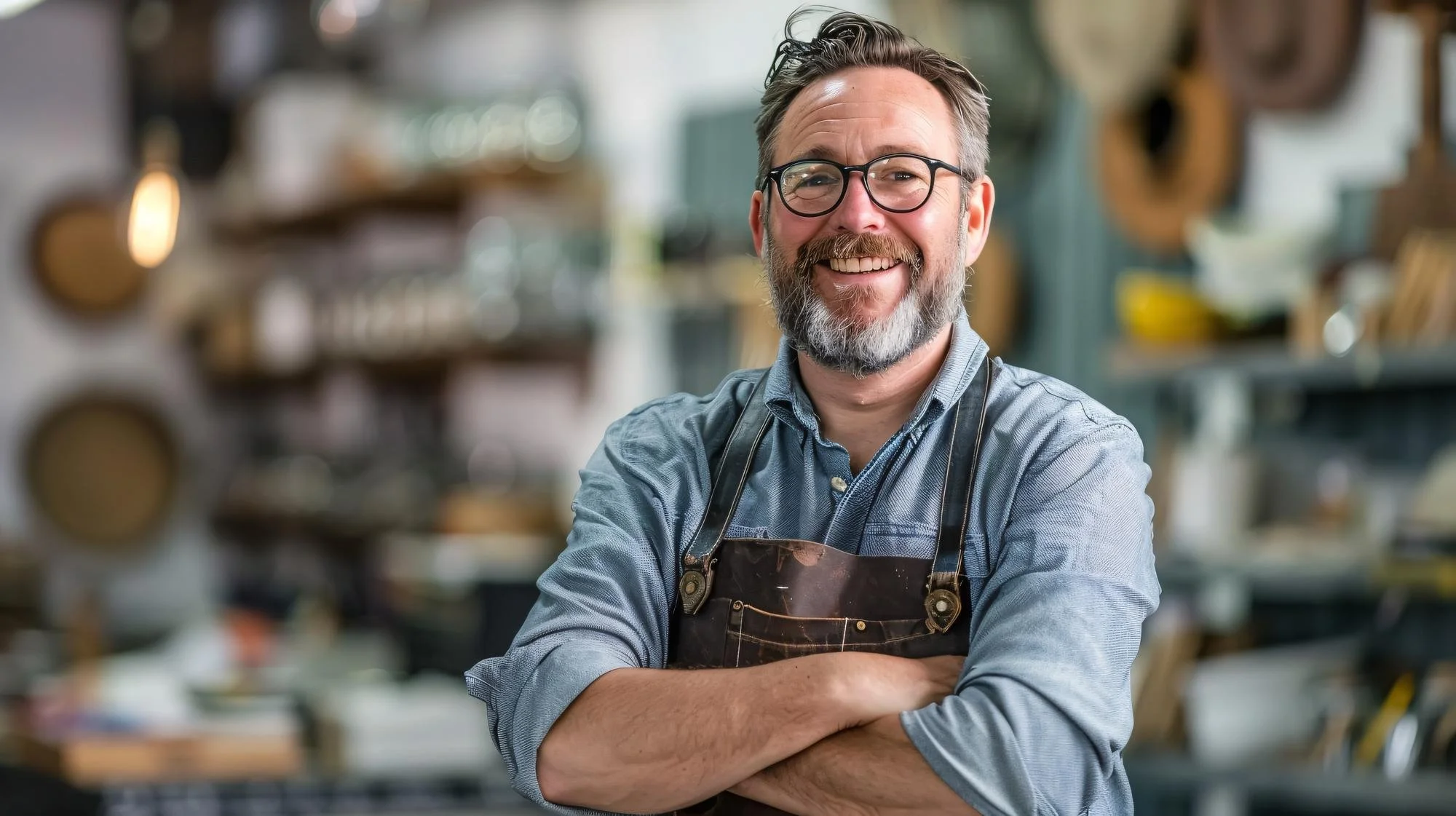Smiling man with glasses and beard wearing a denim shirt and apron, standing with arms crossed inside a workshop or craft studio.