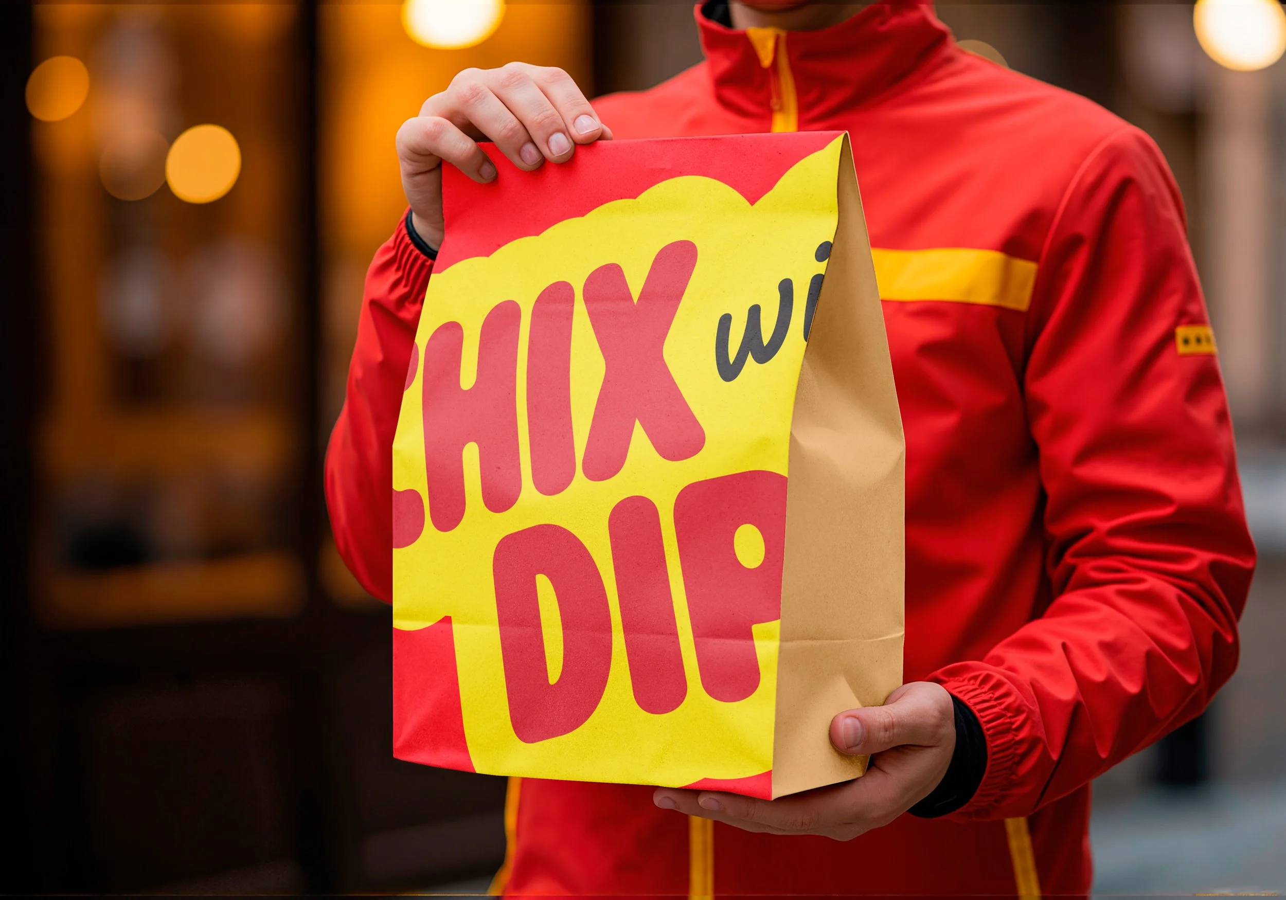 A person in a red jacket holding a brown paper bag with yellow and red text that says "HAXAU" or similar, in a setting with warm lighting.