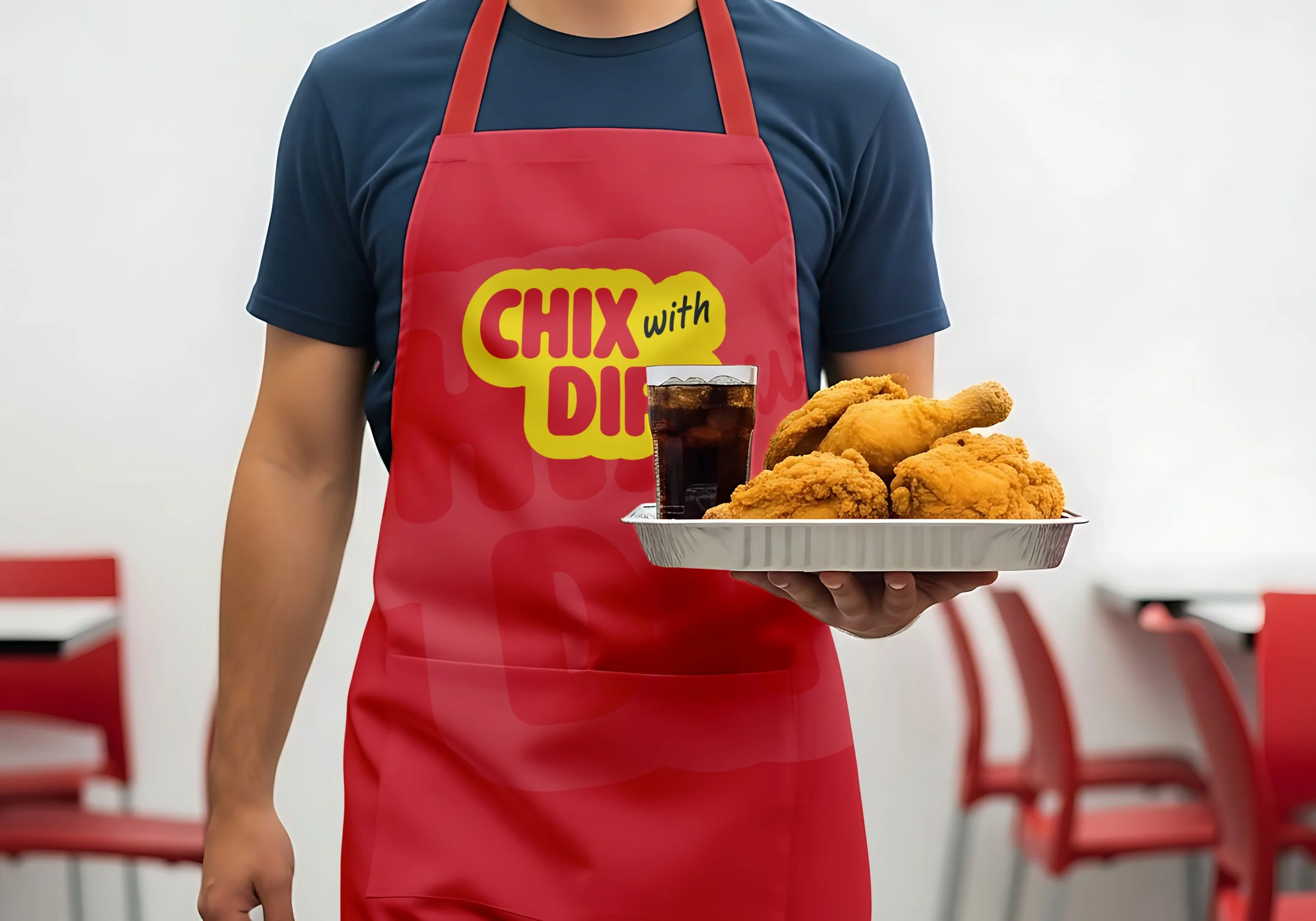 Branded apron featuring the custom Chix and Dips logo, showcasing a bold restaurant brand identity designed by Bonehead Design.