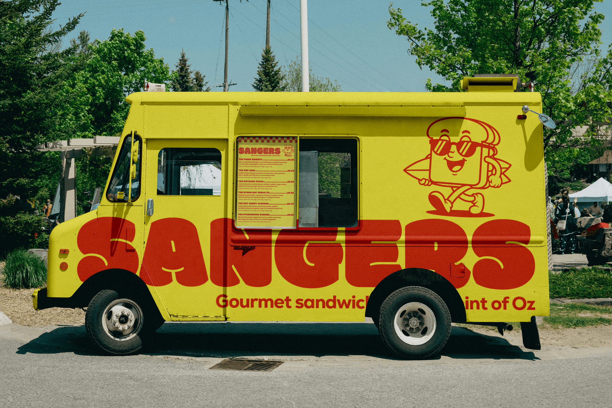 Branded Sangers sandwich van featuring custom vehicle graphics, menu design and logo created for an Australian mobile food business.