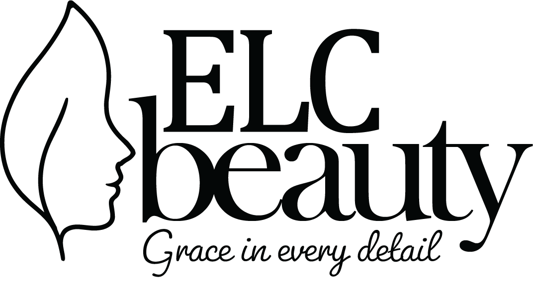 A black logo for ELLE Beauty featuring a side profile of a woman's face with flowing hair, and the tagline "Grace in every detail."