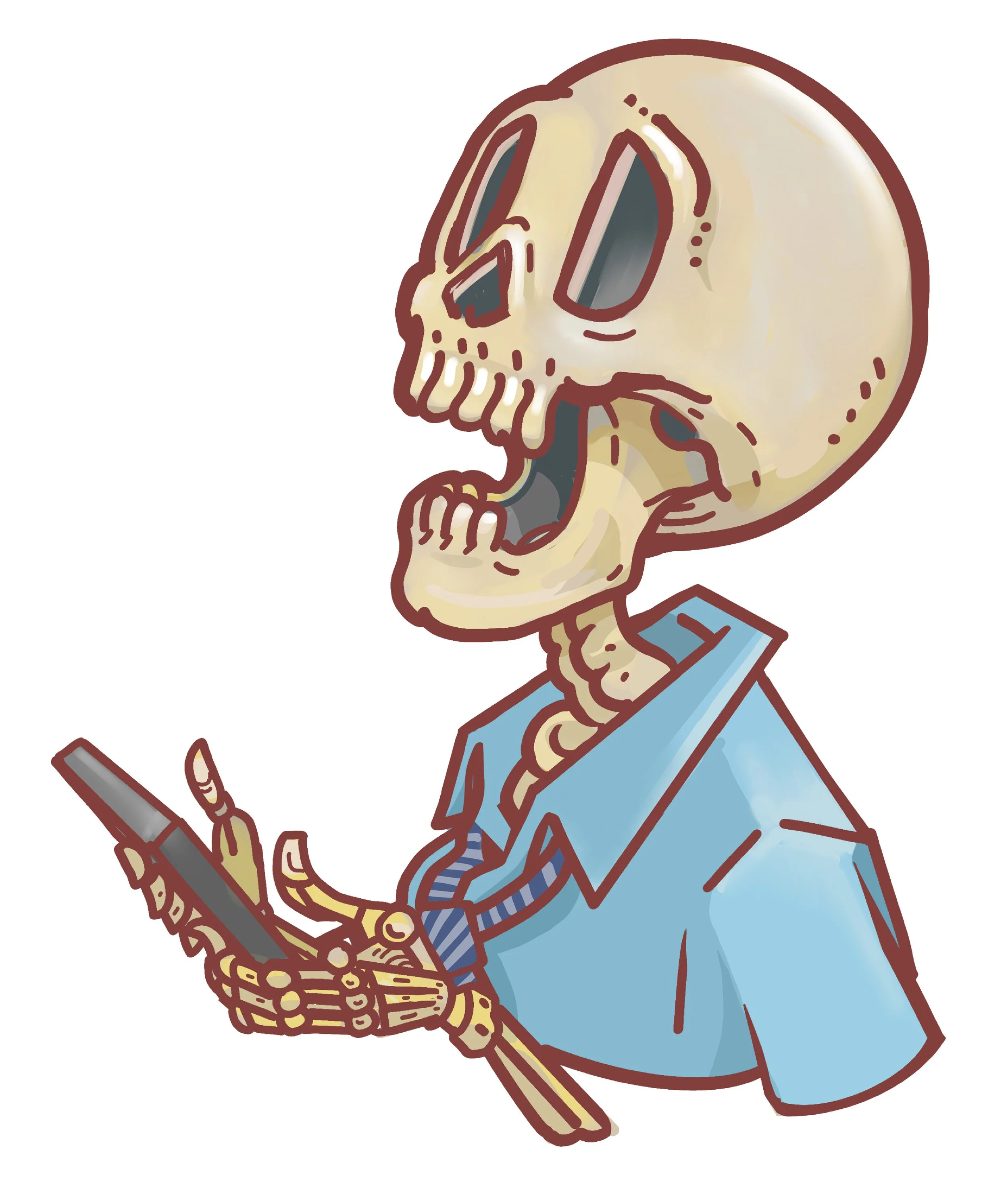 Illustration of a person with a skeleton face holding a pen, wearing a blue suit and tie, and standing on a step stool.