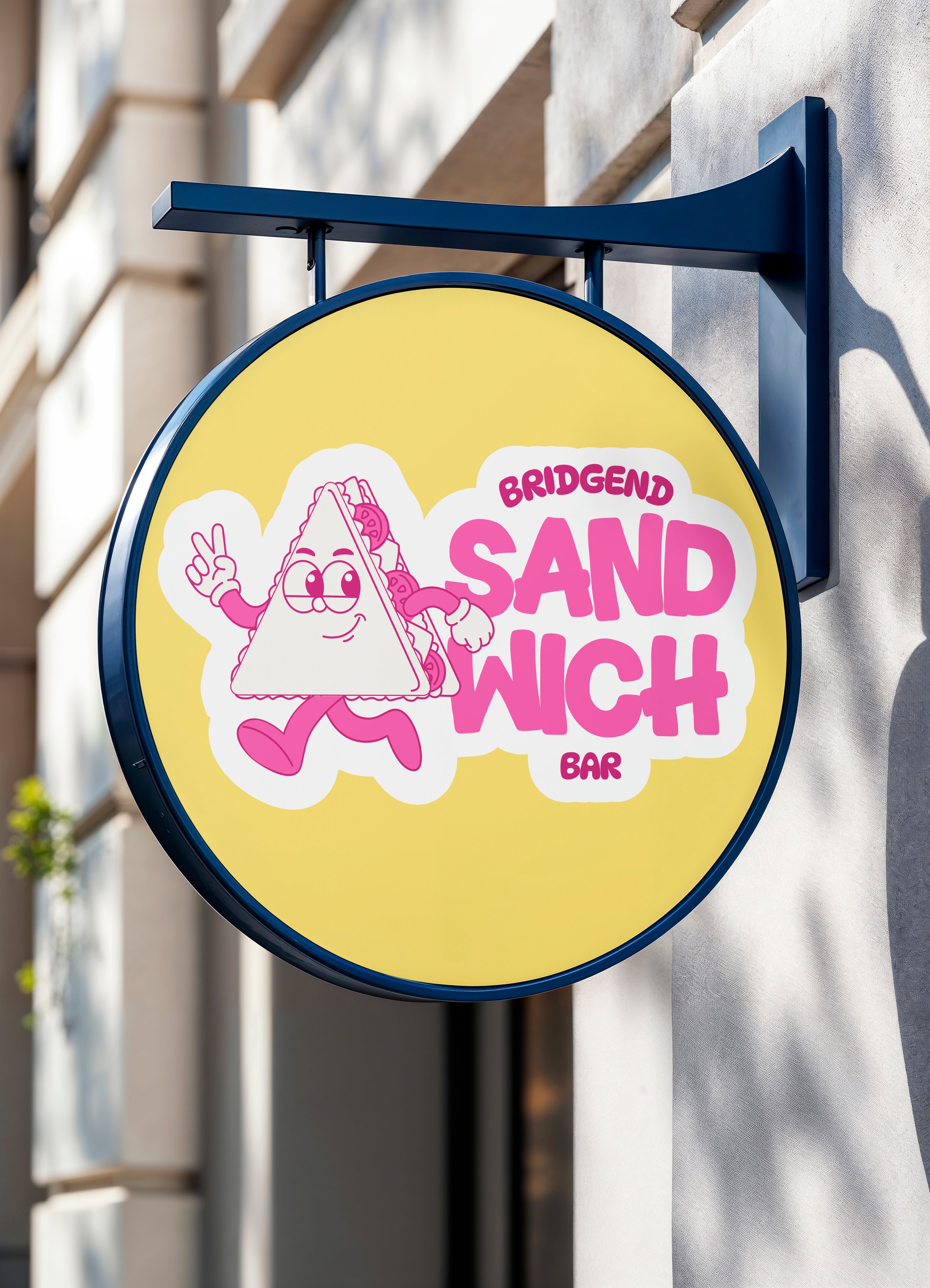 Sign for Bridgend Sand Wich Bar with cartoon sandwich character making a peace sign