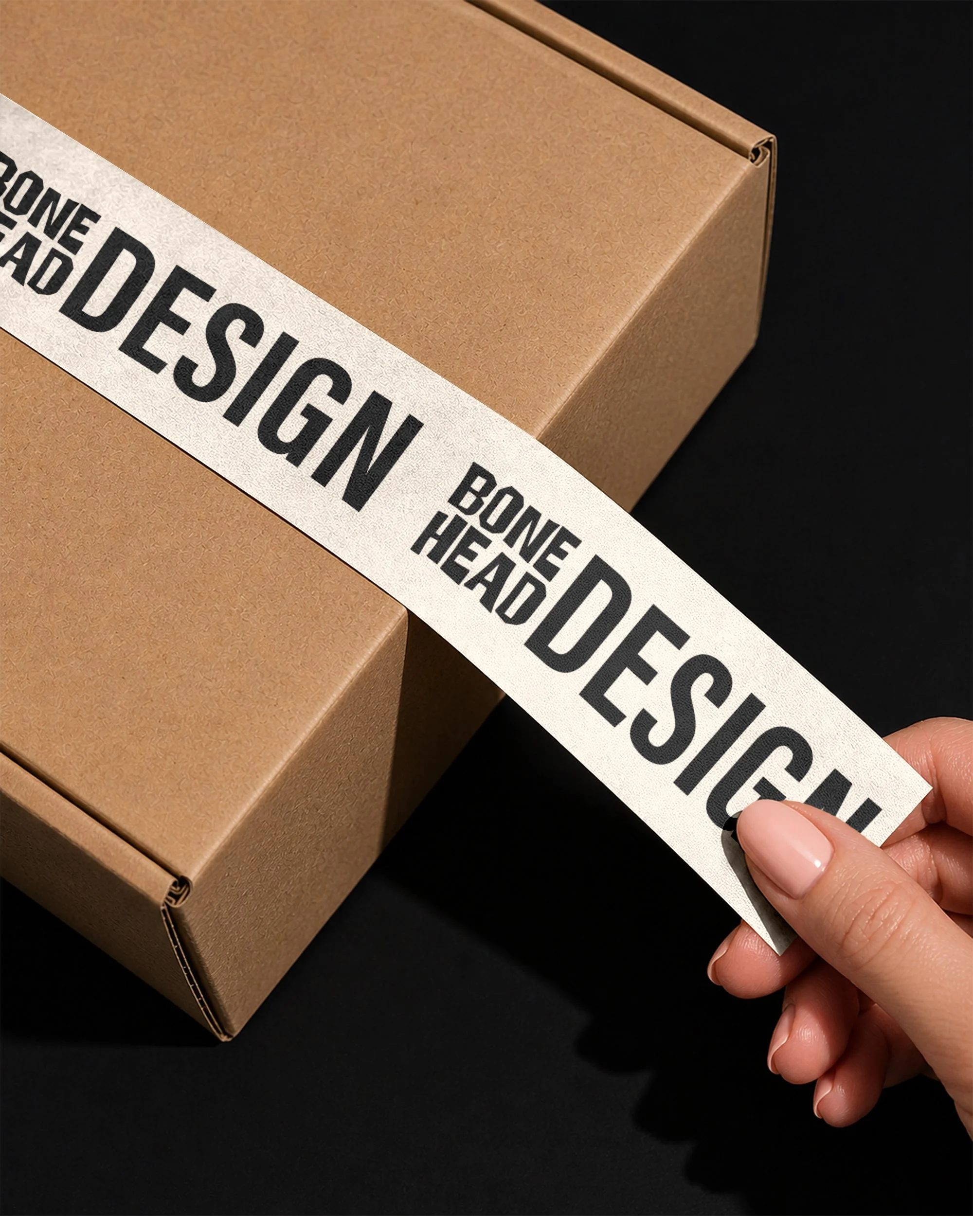 Branded packaging tape featuring the Bonehead Design logo, showcasing custom packaging design and brand applications.
