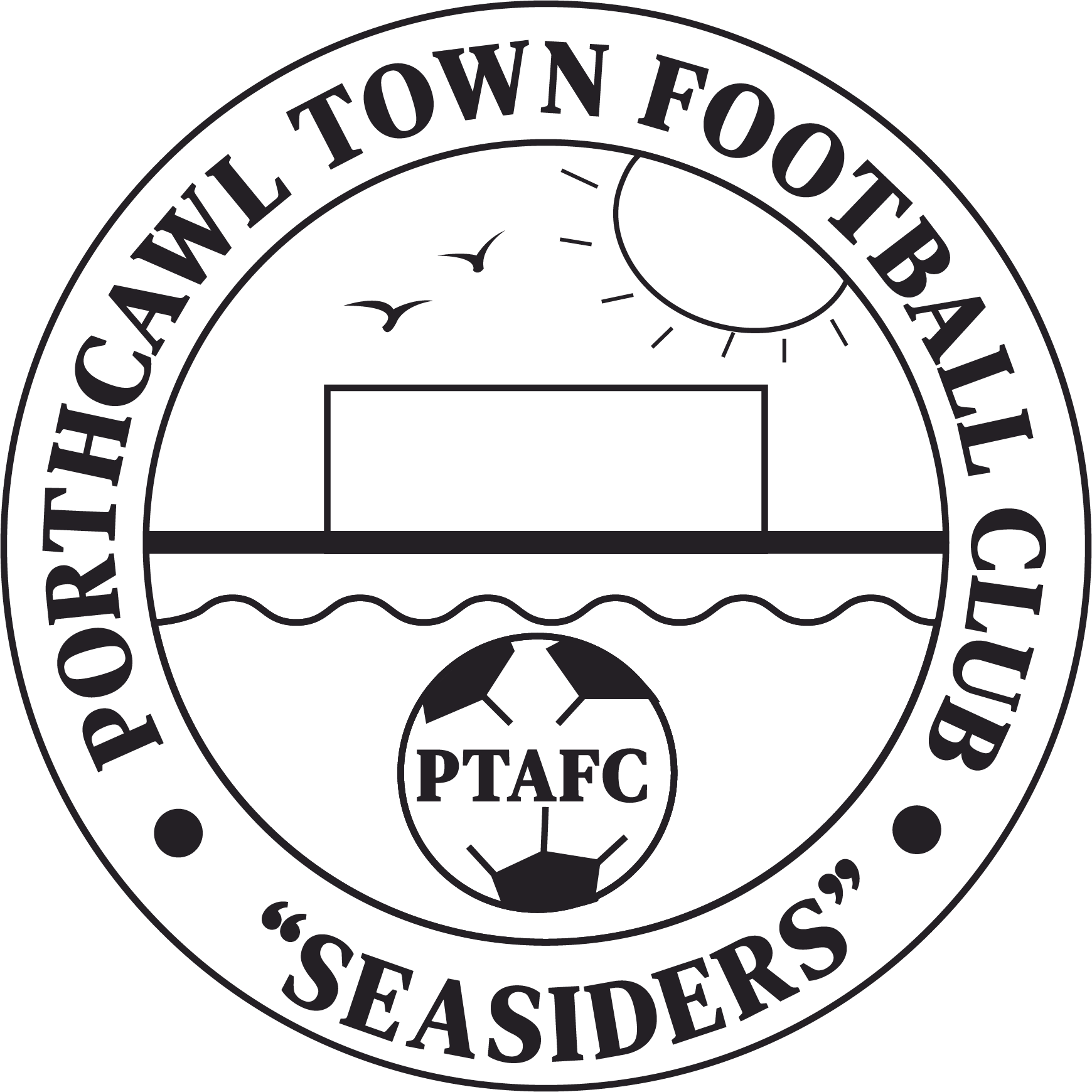 Logo of the Porthcawl Town Football Club featuring a football, a ship's wheel, and seagulls with surrounding text.
