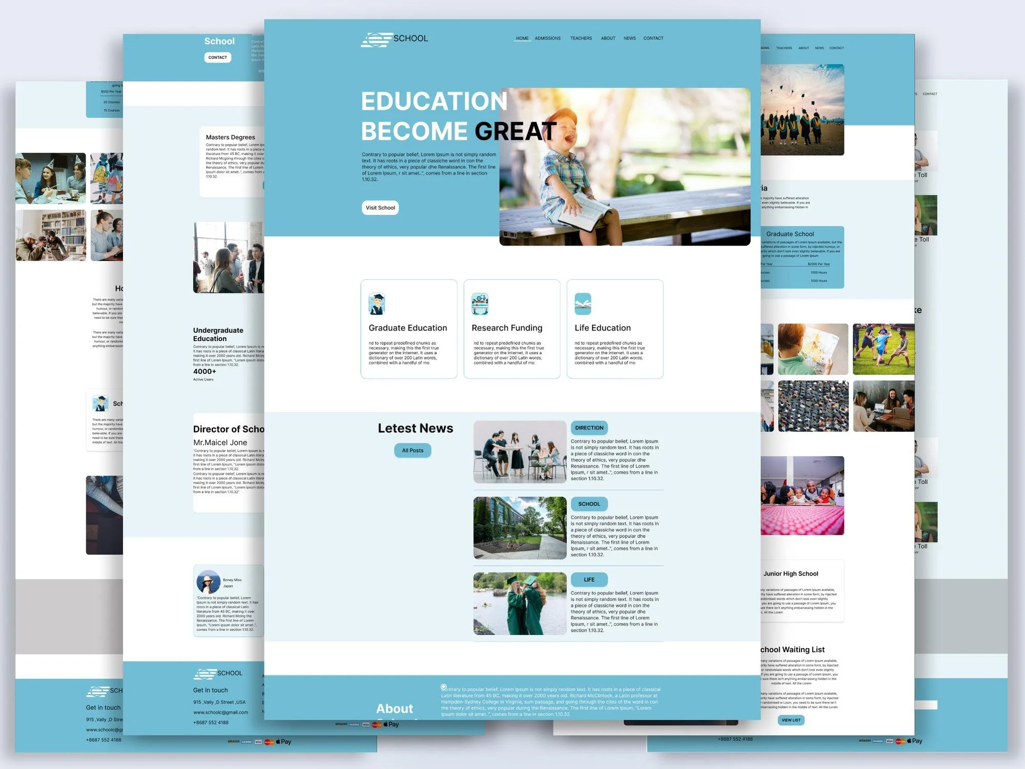 Multiple overlapping website screenshots of a school or educational institution, featuring images of children and students, with a light blue theme and sections about programs, news, and contact information.