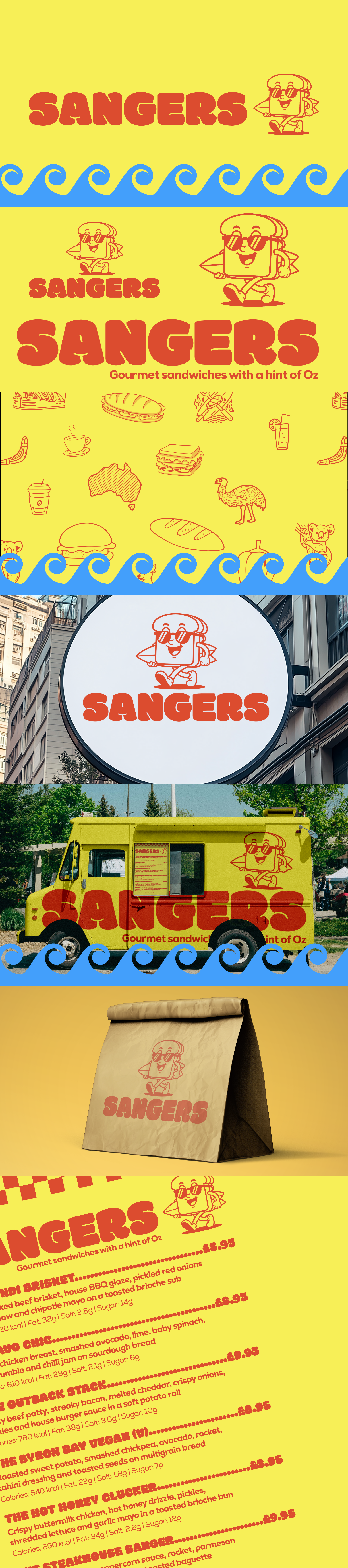 Colorful collage of Sangers sandwich shop branding, featuring signs, logo with a smiling sandwich character, and illustrations of food items like sandwiches, soup, and a coffee cup, all with a beach and ocean theme.