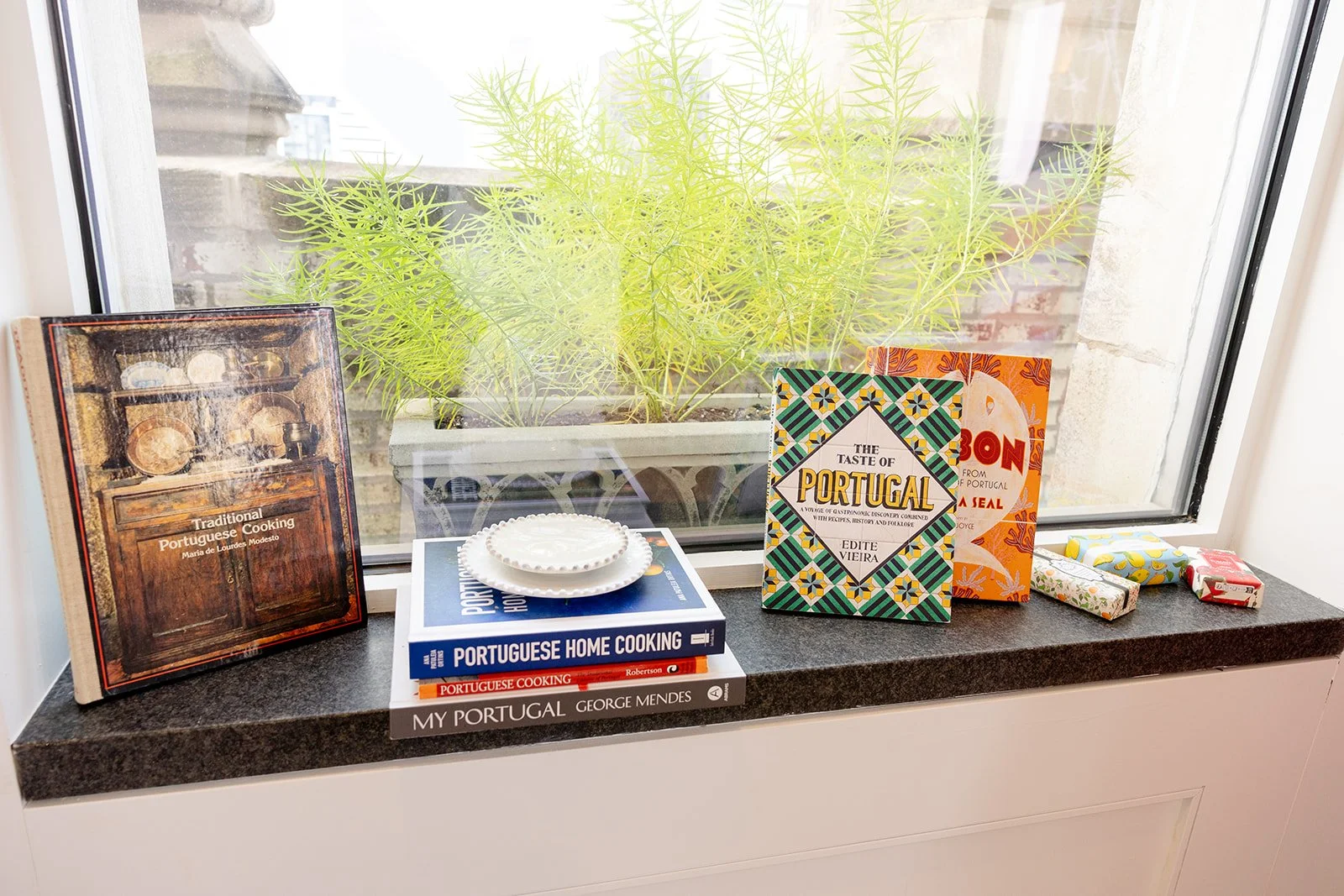 Books about Portuguese cuisine and culture displayed on a windowsill next to a potted plant.