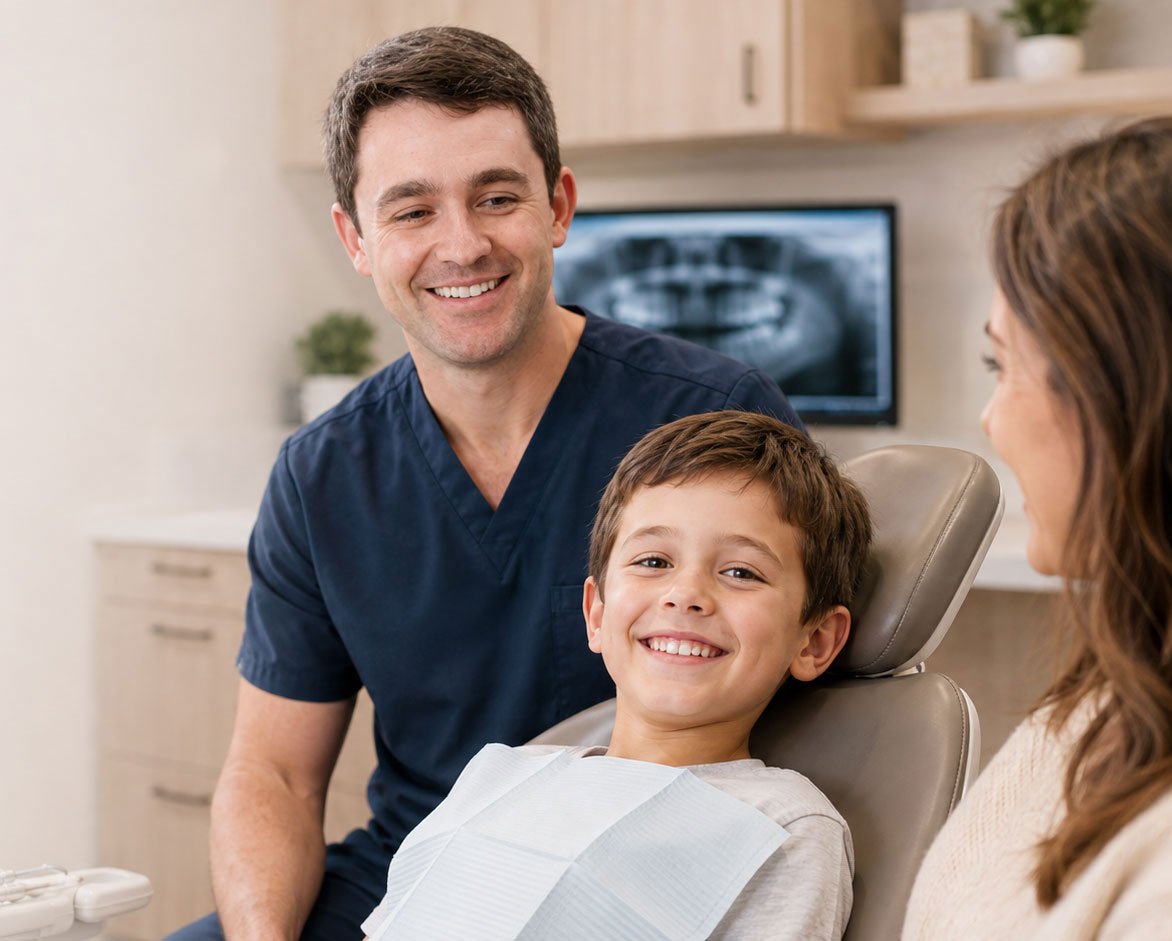 A boy sitting in a dental chair at a dentist's office, smiling, with a dentist and a woman, likely his mother, beside him.