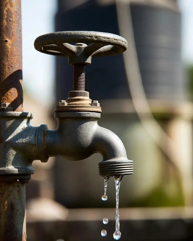 Close-up of an outdoor faucet with water dripping from the spout.