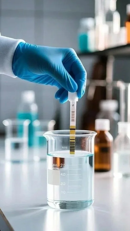 A gloved hand holding a test strip with colored bars submerged in a beaker of clear liquid in a laboratory.