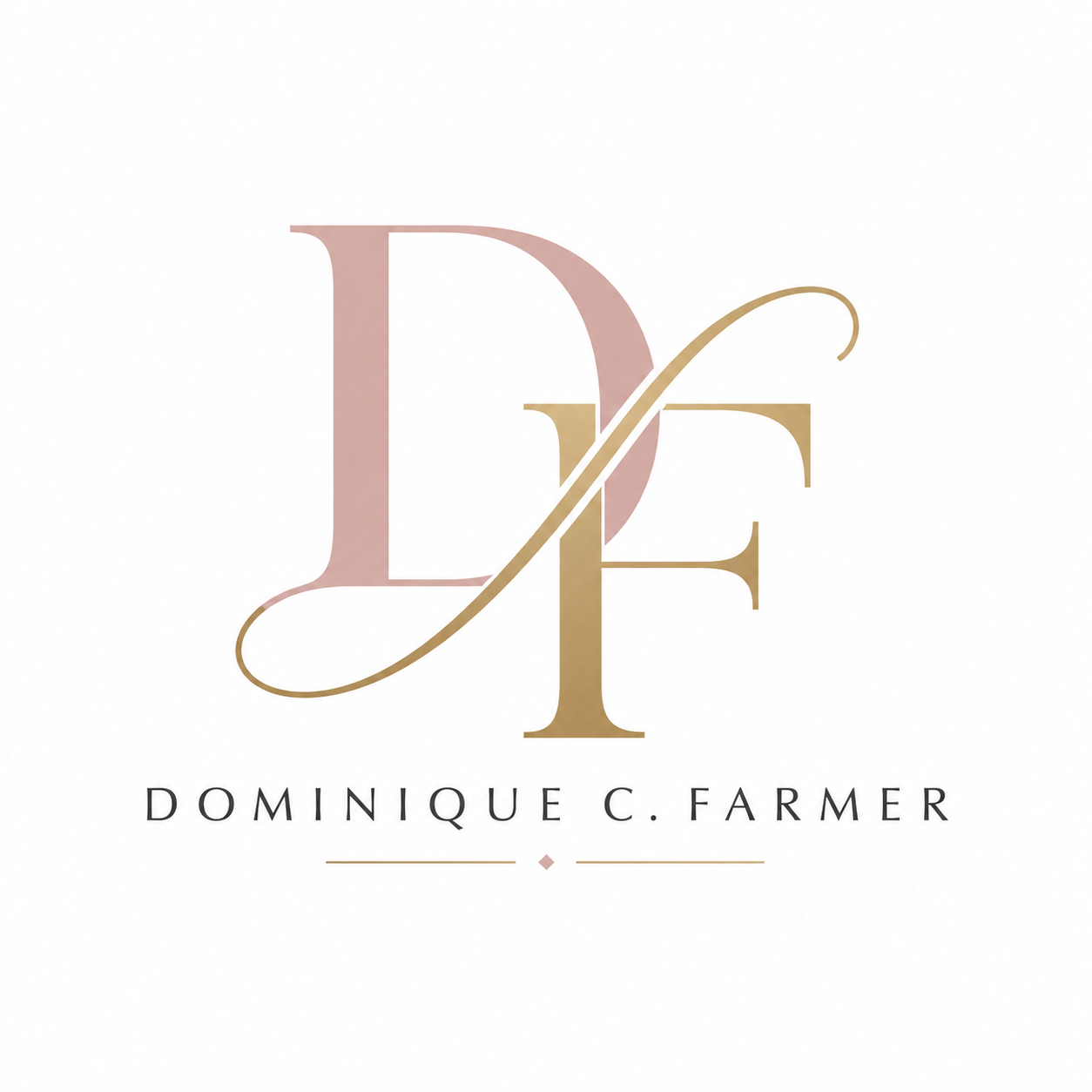 Logo with intertwined pink and gold letters 'L' and 'F' and the name 'Dominique C. Farmer' beneath.