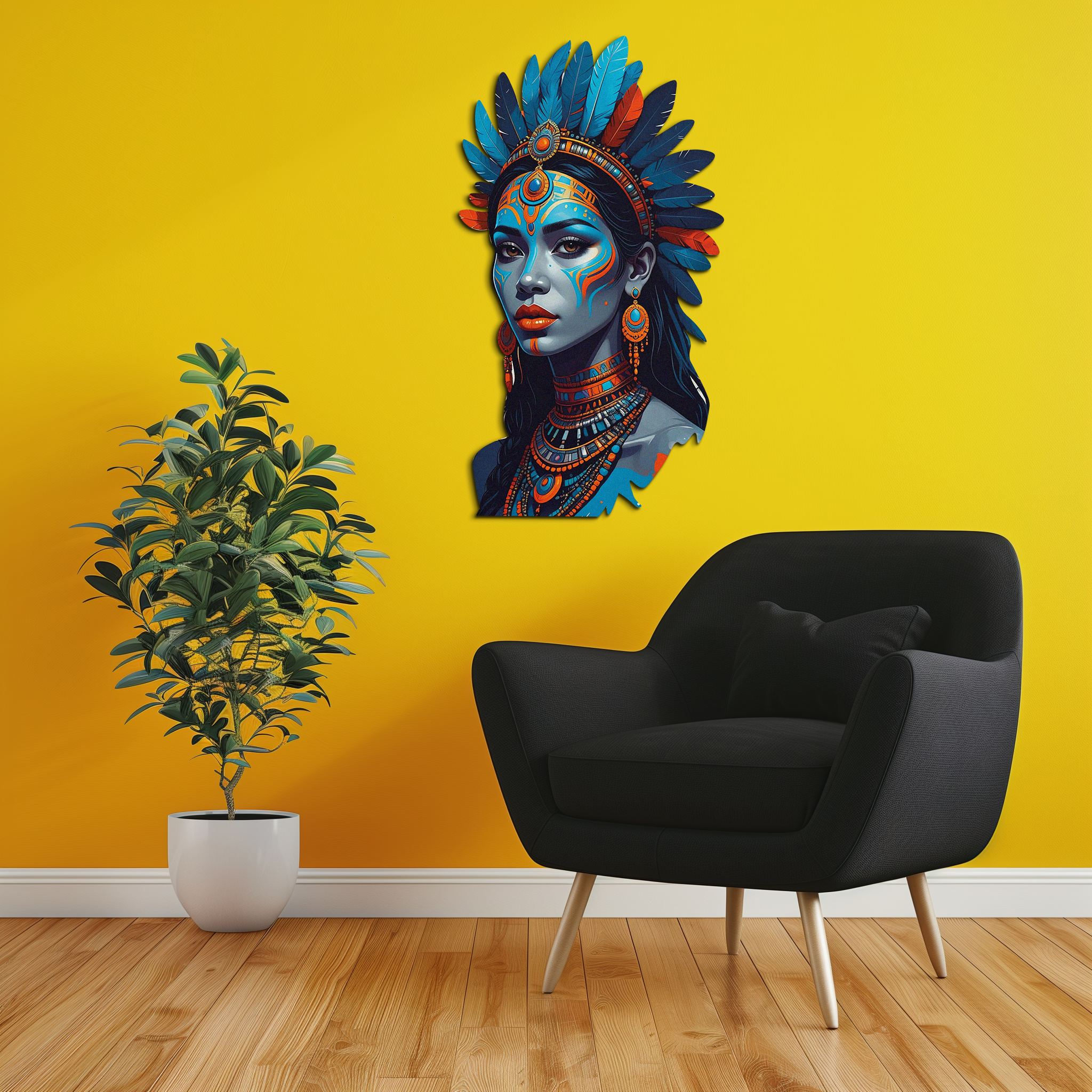 Blue Goddess printed metal wall art from the OnyxPearls Experience shop, styled on a vivid yellow wall beside a black chair.