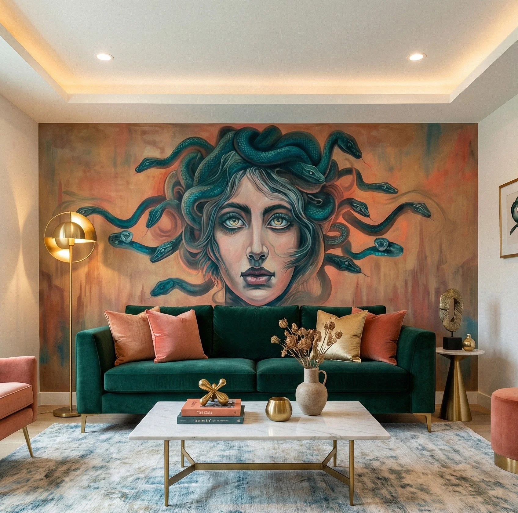 Experiential living room by OnyxPearls: a large Medusa wall mural above a green velvet sofa with pink and gold pillows, white marble coffee table and gold lamps