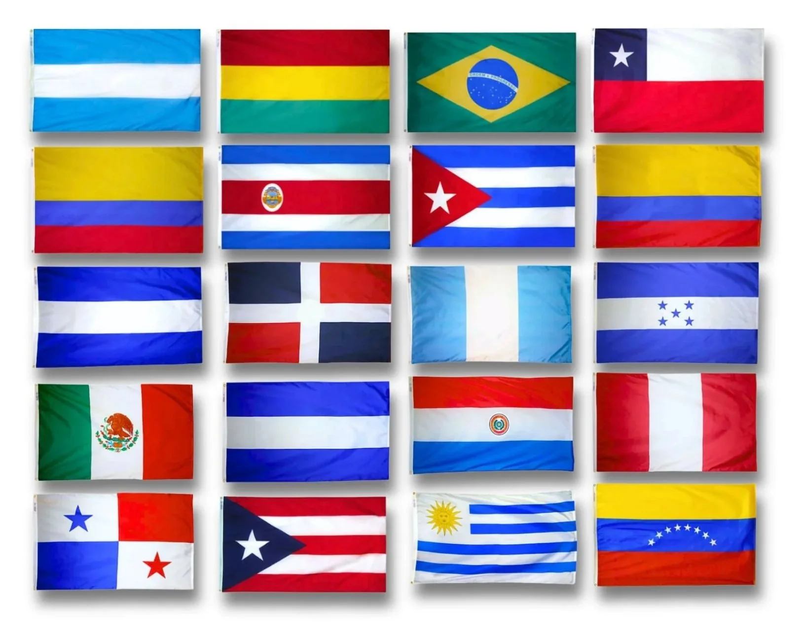 A collection of 16 international flags arranged in a 4x4 grid, representing various countries including Greece, Spain, Brazil, Chile, Colombia, Cuba, Mexico, Uruguay, Paraguay, Peru, Uruguay, and Venezuela.