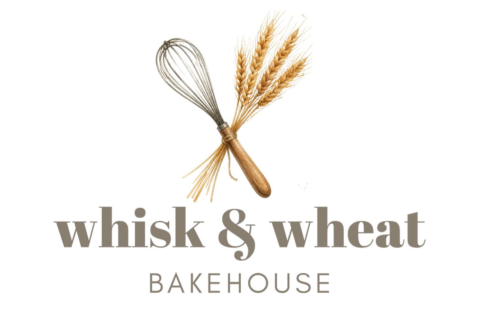 Logo for Whiskey & Wheat Bakehouse featuring wheat stalks and a whisk.
