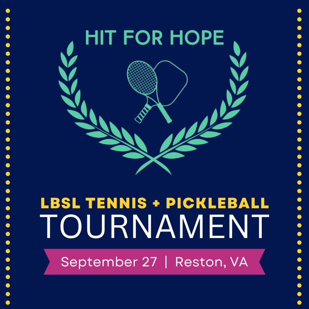 Poster for a tennis and pickleball tournament titled "Hit for Hope" taking place on September 27 in Reston, Virginia. The poster features illustrations of two tennis rackets and a pickleball paddle enclosed in a laurel wreath design, with event details in yellow and pink accents on a dark blue background.