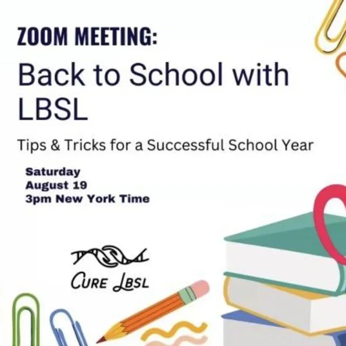 Zoom meeting poster titled "Back to School with LBSL" with tips for a successful school year, scheduled for Saturday, August 19 at 3 pm New York time, featuring illustrations of books, a pencil, paper clips, and wavy lines.